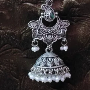 Oxidised Green Flora Design Jhumka Earrings with white Beaded Drop