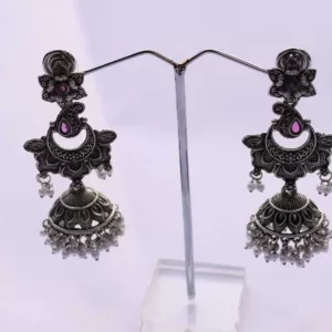 Oxidised maroon Flora Design Jhumka Earrings with white Beaded Drop