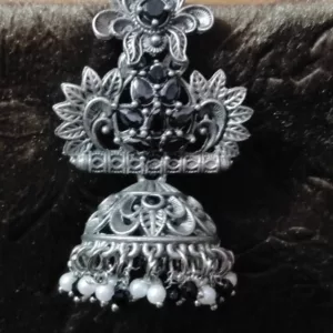 Silver Oxidised Black Color Stone Studded Earrings for Woman