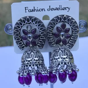 Silver Oxidize Jhumka Earring with Vibrant Purple Beads and stones