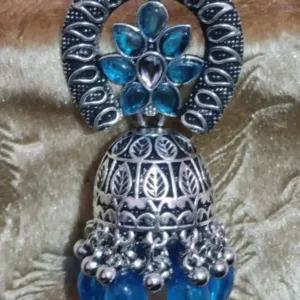 Silver Oxidize Jhumka Earring with Vibrant Sky Blue Beads and Kundan