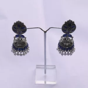 Silver-Plated Oxidised and Blue Stone Beaded Jhumka Earring