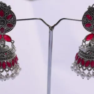 Silver-Plated Oxidised and Dark Pink Stone Beaded Jhumka Earring