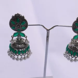Silver-Plated Oxidised and Green Stone Beaded Jhumka Earring