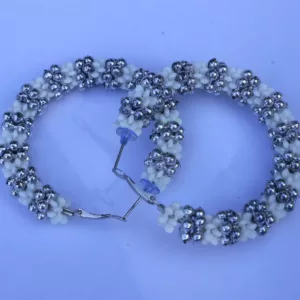Round Hoop Earrings For Women And Girls White and Silver Colour Beads Alloy Hoop Earring