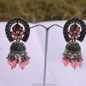 Silver Oxidize Jhumka Earring with Baby Pink Color Beads and stones